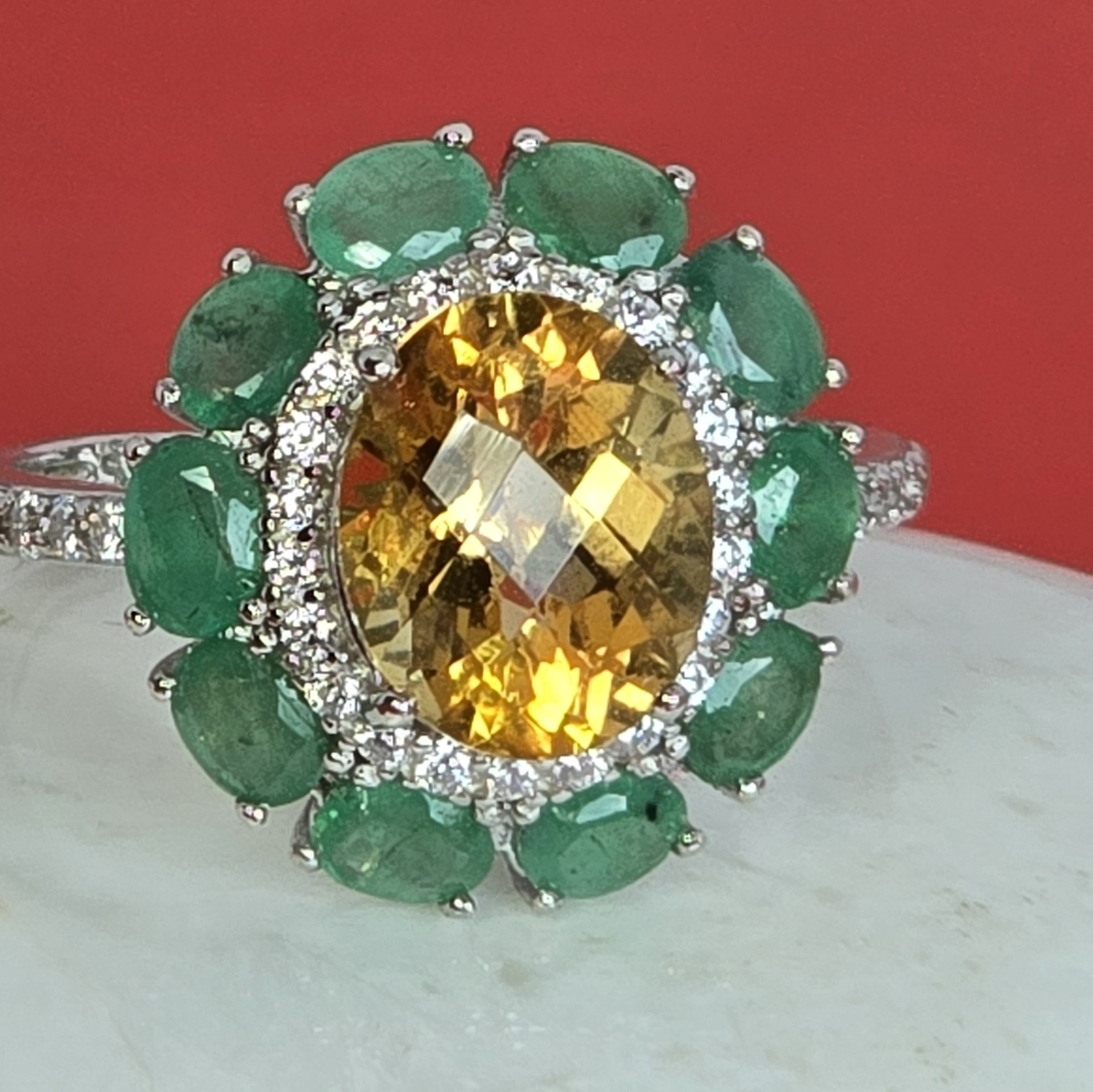 925 Sterling Silver Ring with Natural Citrine 8x10mm & Emerald Gems